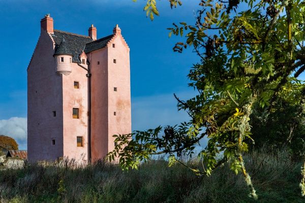 Fairburn fully restored, the tower is pink and surrounded by trees