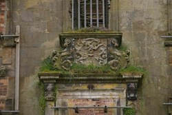 A stone door frame covered in foliage