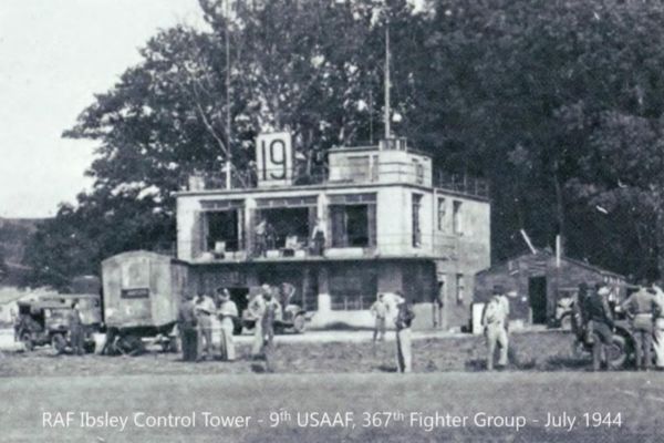 A black and white image of soldiers from 1944 outside RAF Ibsley